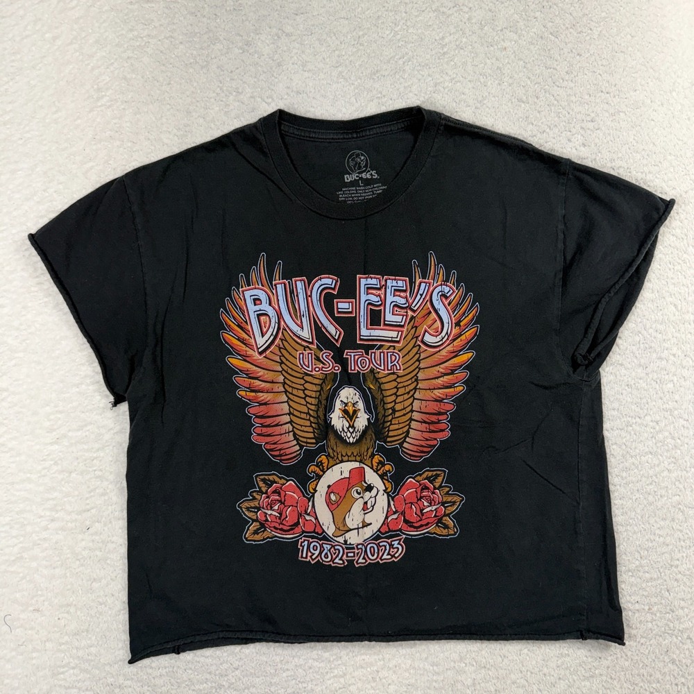 Bucees Graphic T-Shirt US Tour Eagle 1982-2023 Buc-Ees Short Crop Womens Large